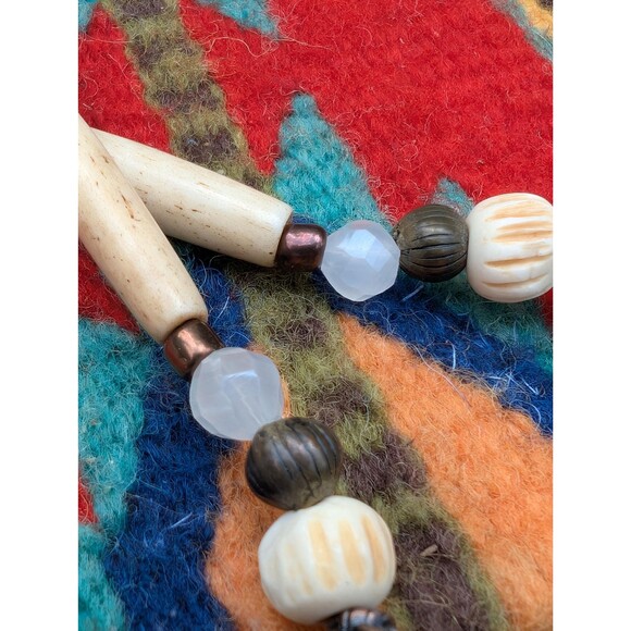 Vintage Glass, Wood & Bone Tribal Necklace, Unisex Beaded Necklace - Picture 4 of 10